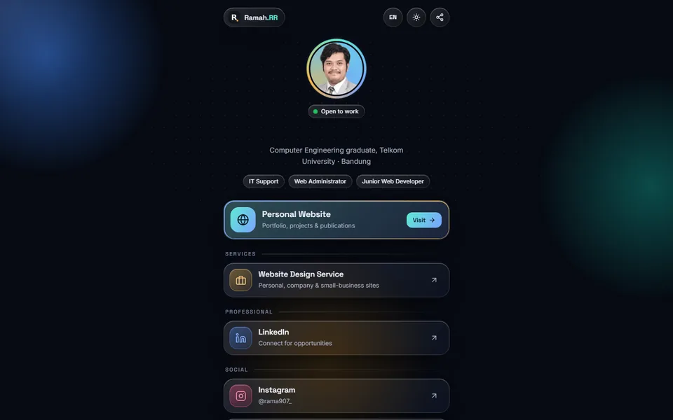 Screenshot of Link-in-bio at bio.ramahrinaldi.id